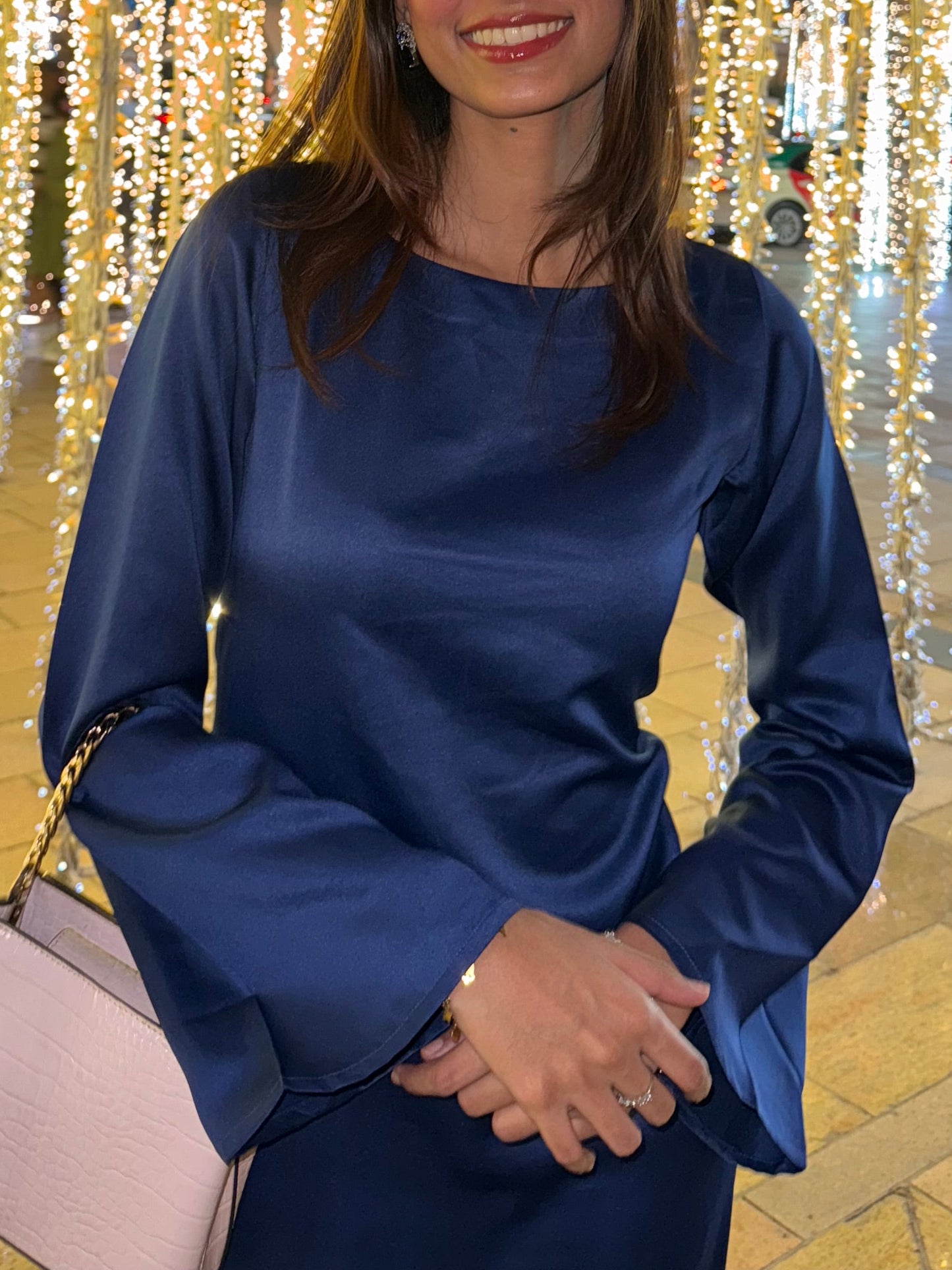 Blue Satin Cinched Waist Maxi Dress