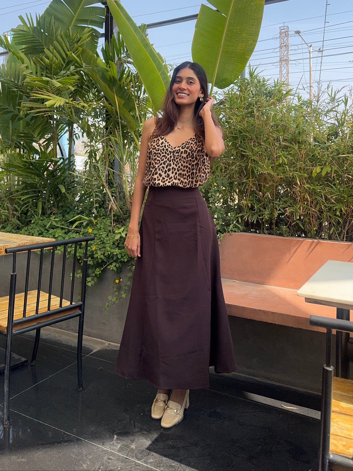 Coffee Brown Tie-up Paneled Maxi Skirt