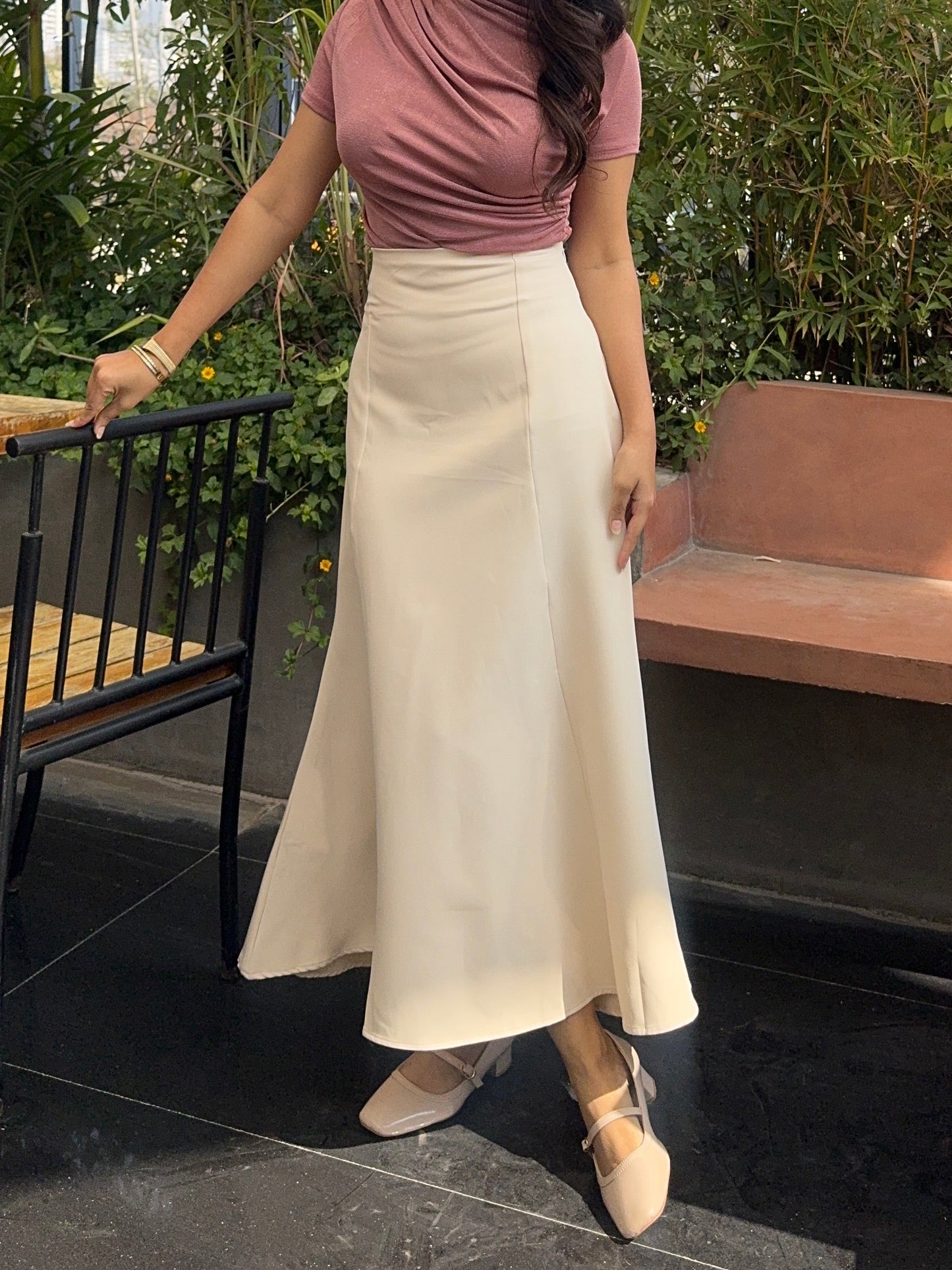Off White Tie-up Paneled Maxi Skirt