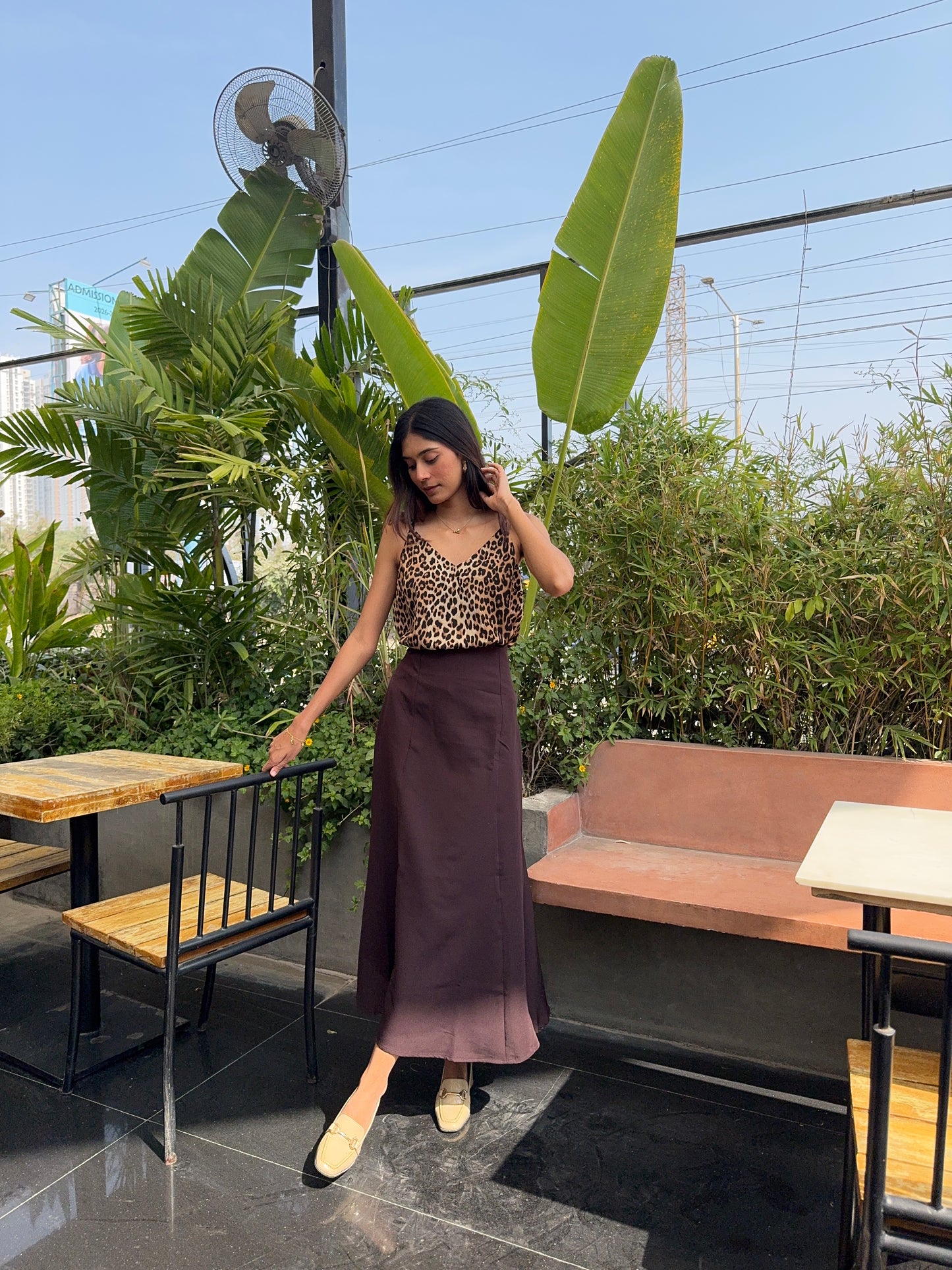 Coffee Brown Tie-up Paneled Maxi Skirt