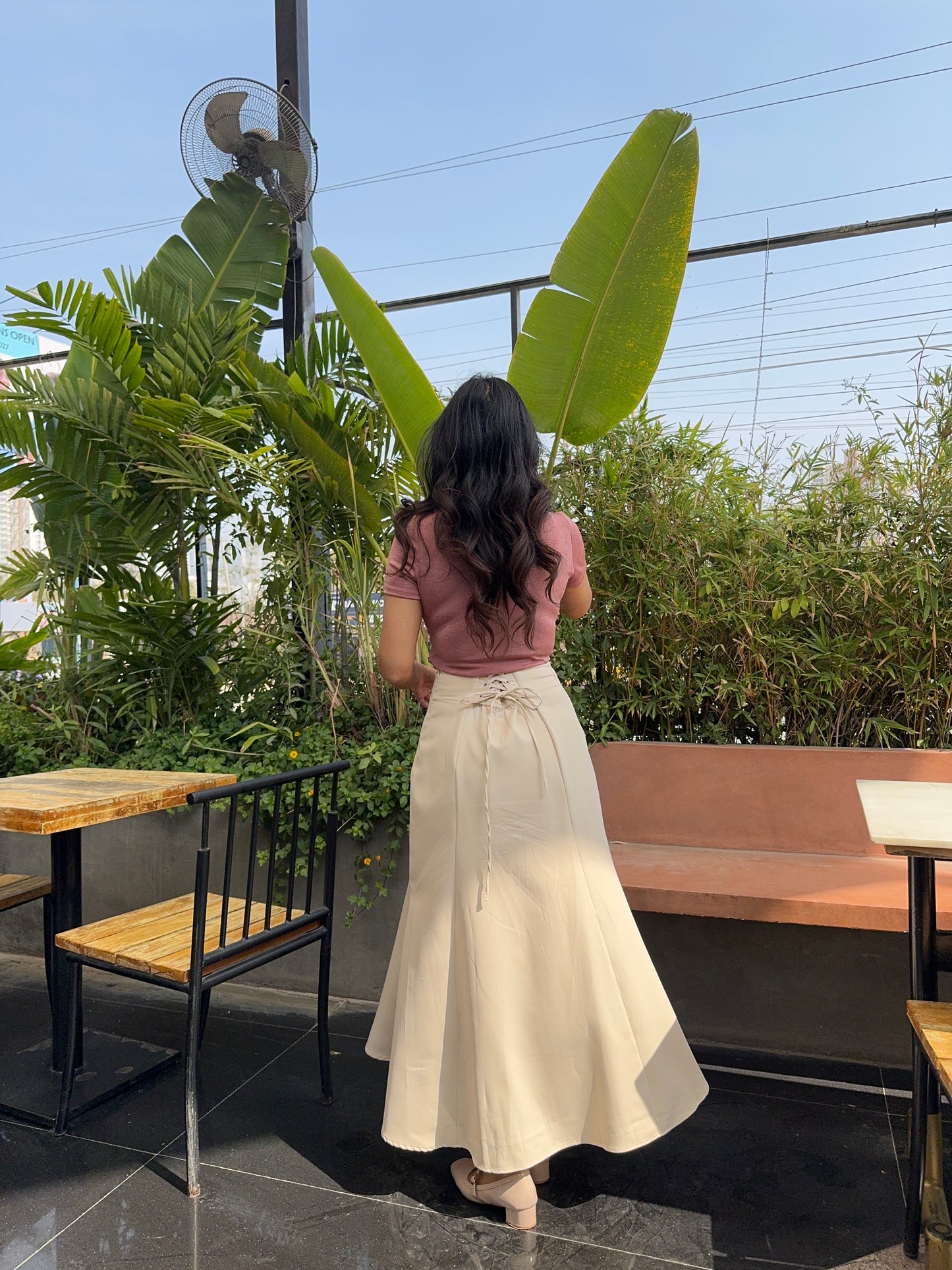 Off White Tie-up Paneled Maxi Skirt