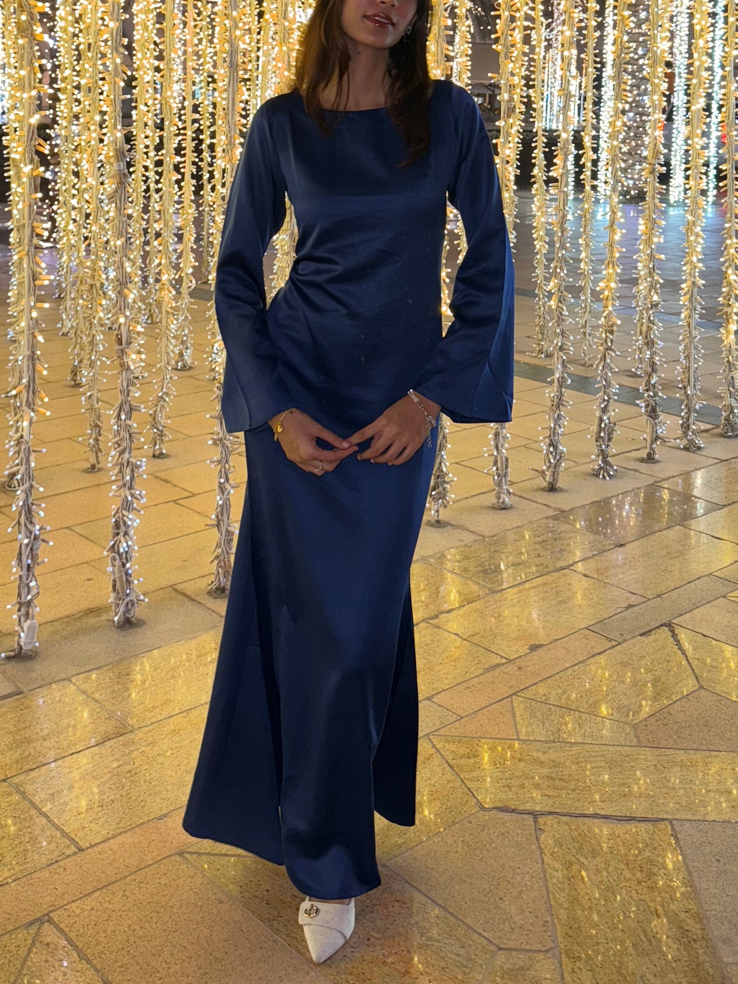 Blue Satin Cinched Waist Maxi Dress