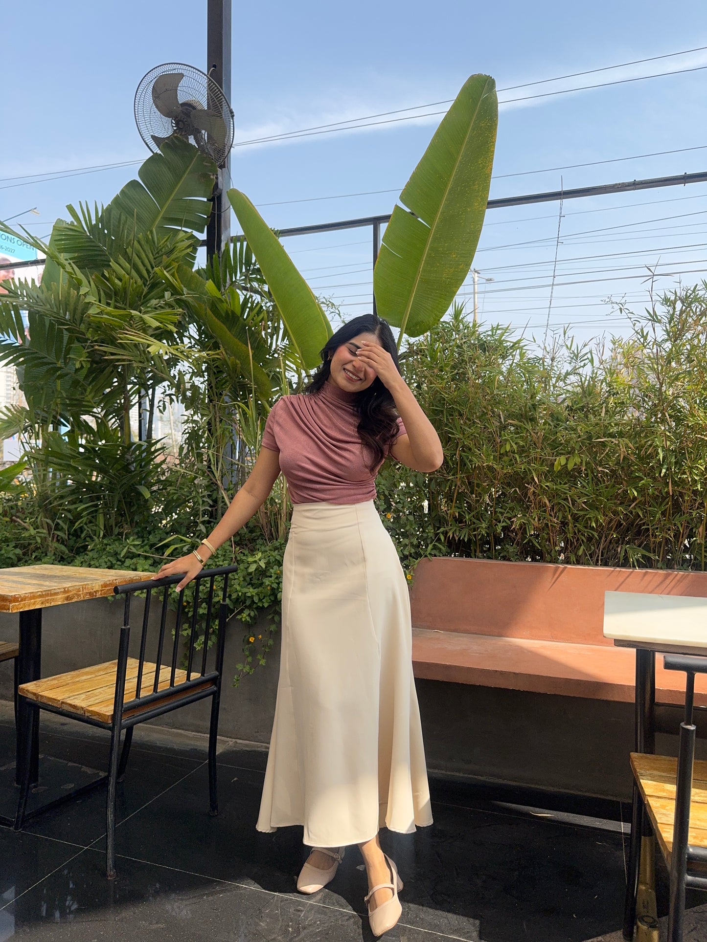 Off White Tie-up Paneled Maxi Skirt