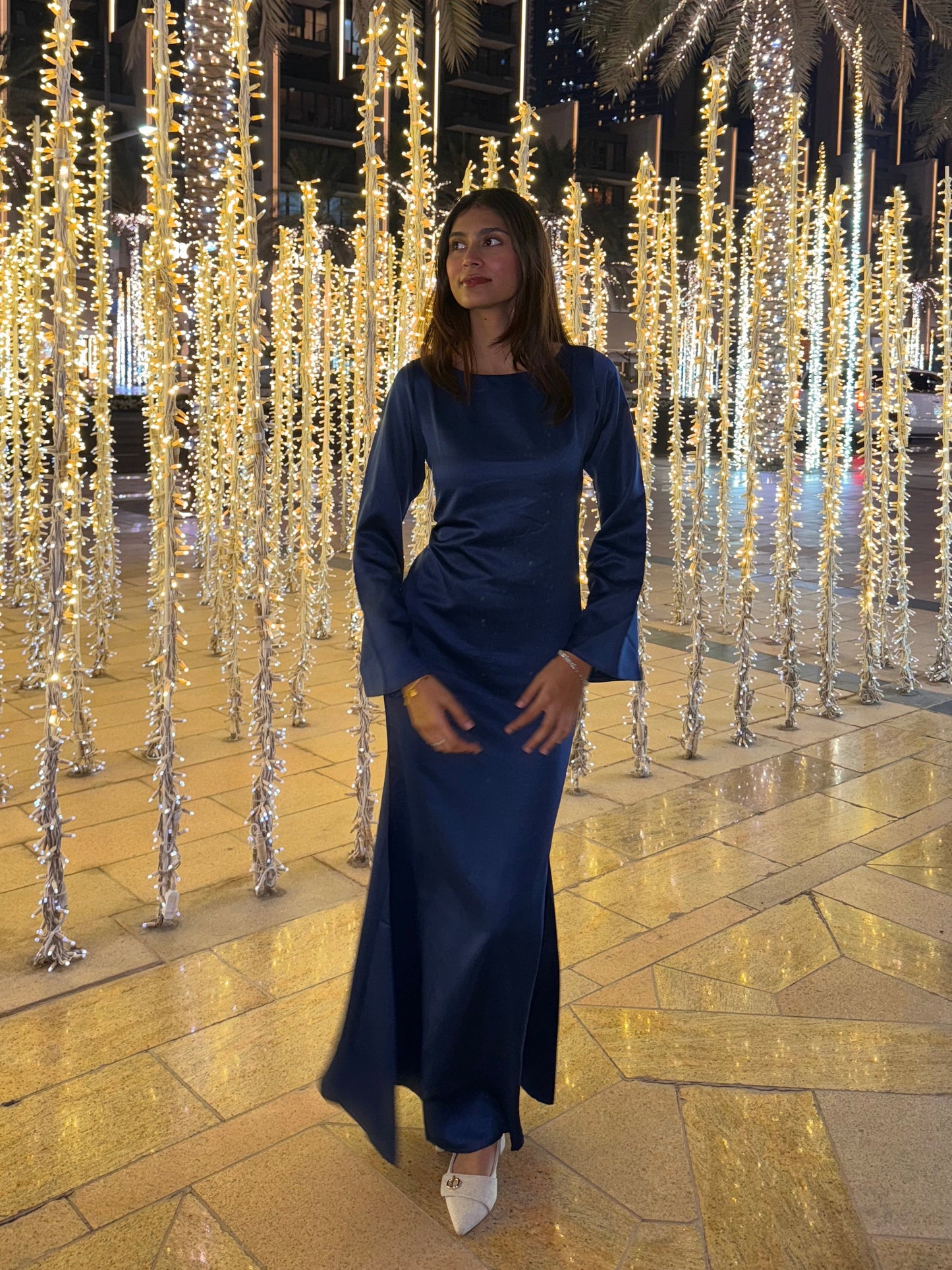 Blue Satin Cinched Waist Maxi Dress