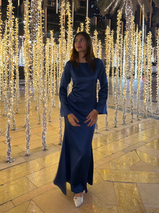 Blue Satin Cinched Waist Maxi Dress