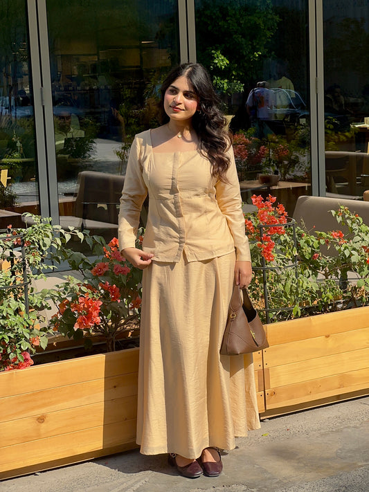 Beige Square Neck Top & A-line Maxi Skirt Co-ord Set 1