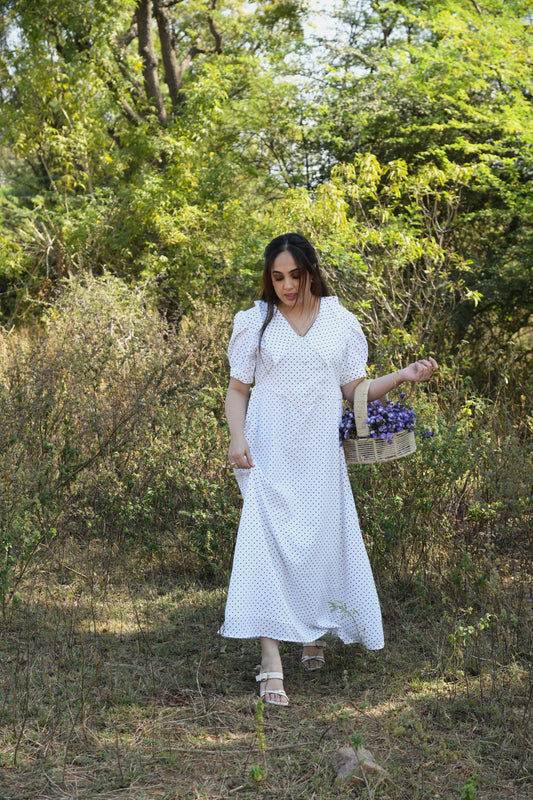 White Polka Dot A Line Maxi Dress