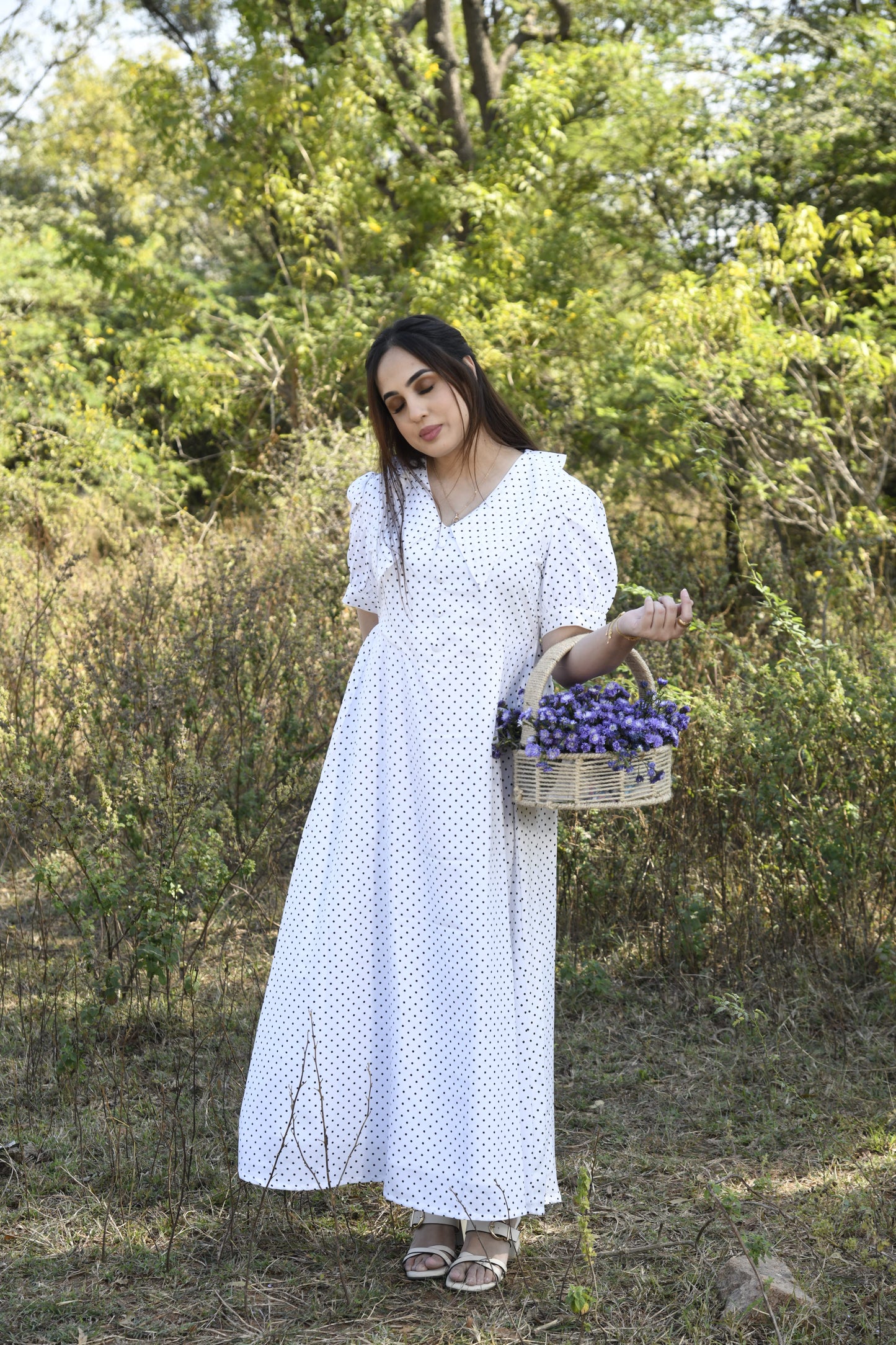 White Polka Dot A Line Maxi Dress