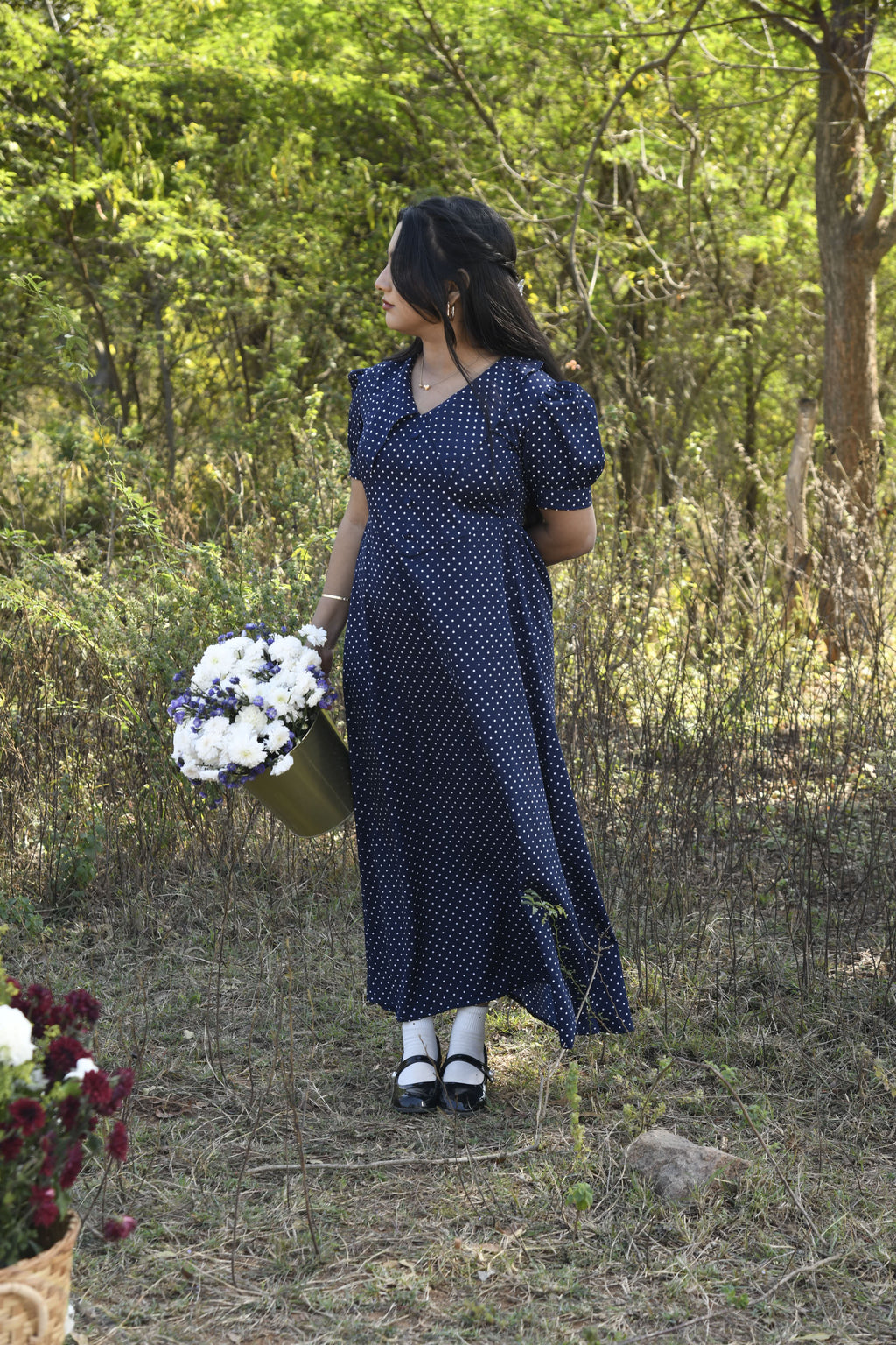 Blue Polka Dot A Line Maxi Dress