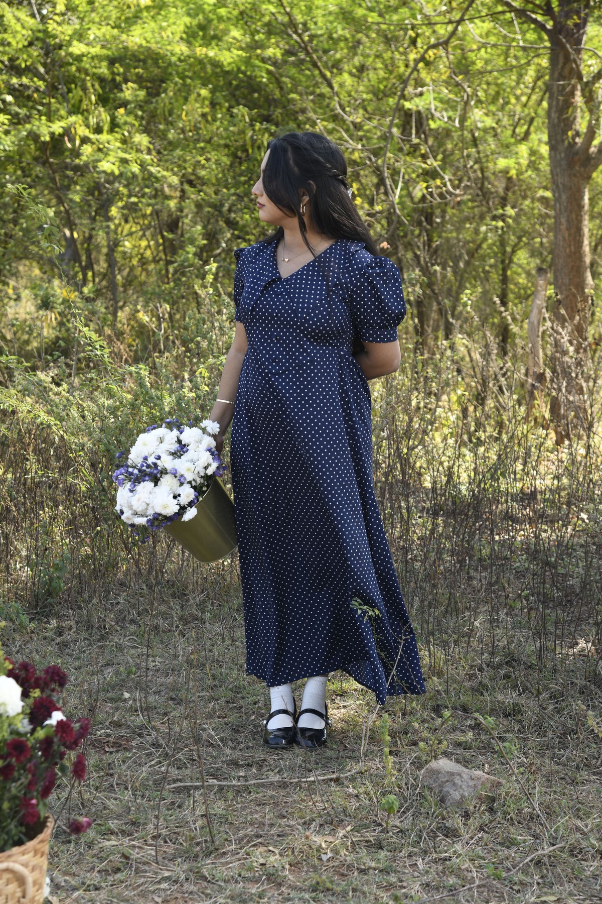 Blue Polka Dot A Line Maxi Dress