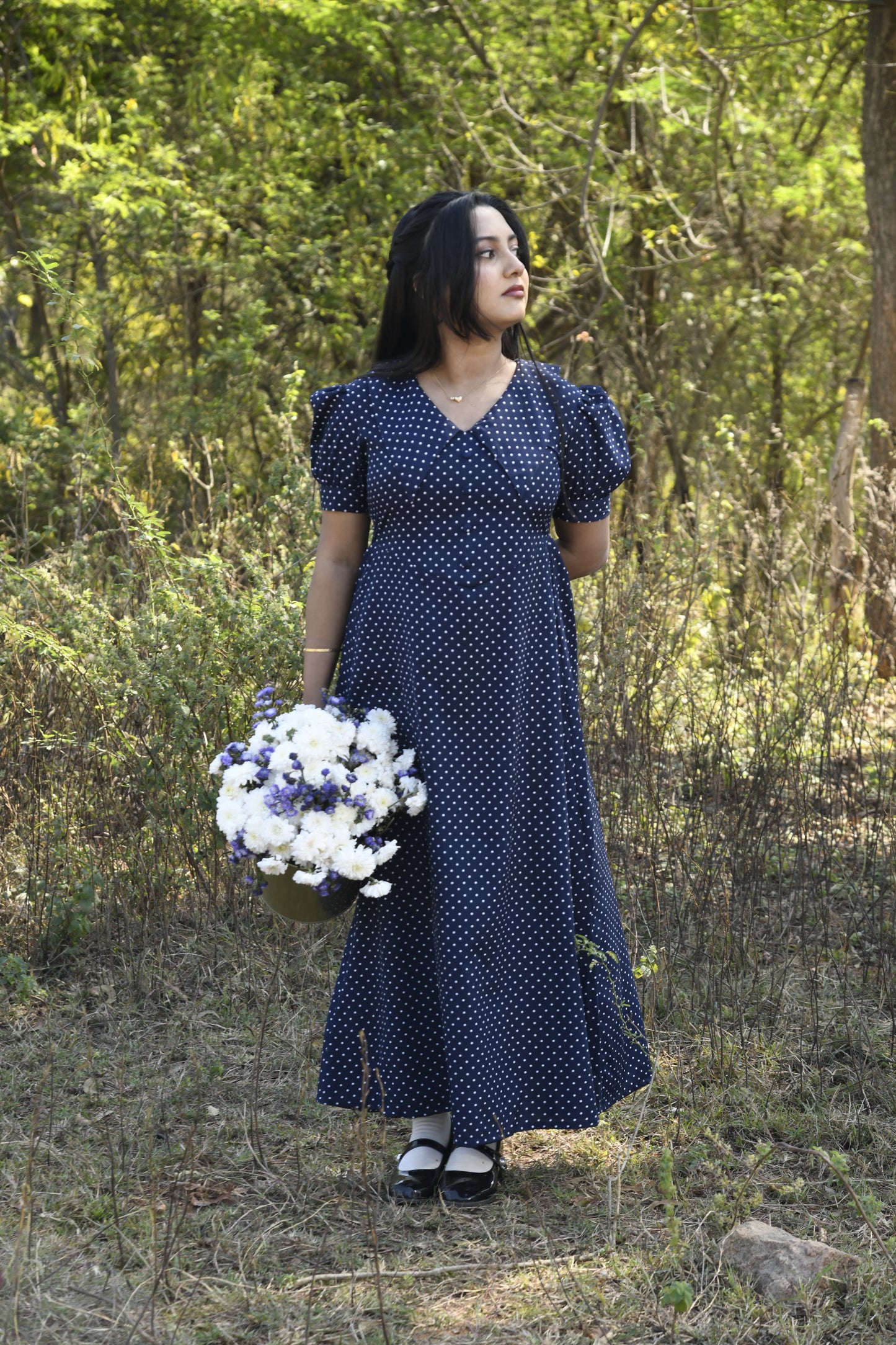 Blue Polka Dot A Line Maxi Dress