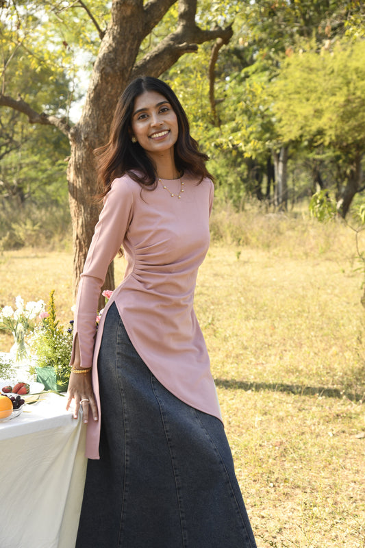 Pink Ruched Asymmetrical Hem Longline Top