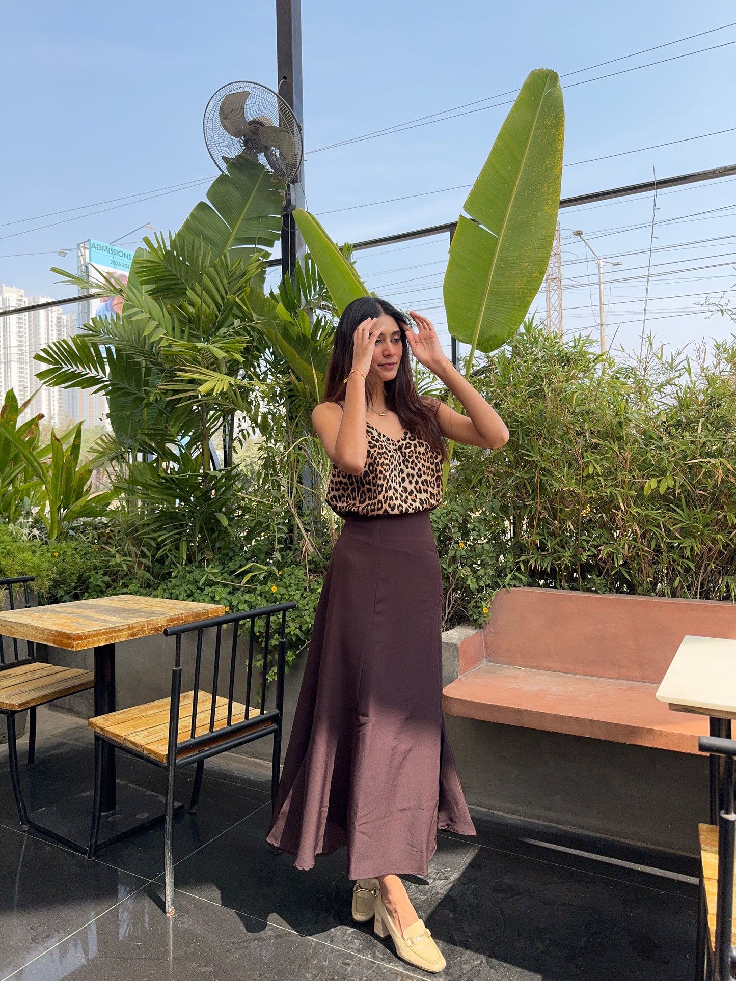 Coffee Brown Tie-up Paneled Maxi Skirt