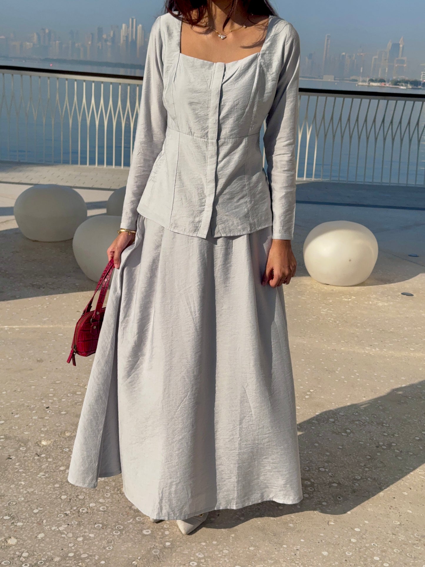 Grey Square Neck Top & A-line Maxi Skirt Co-ord Set 3