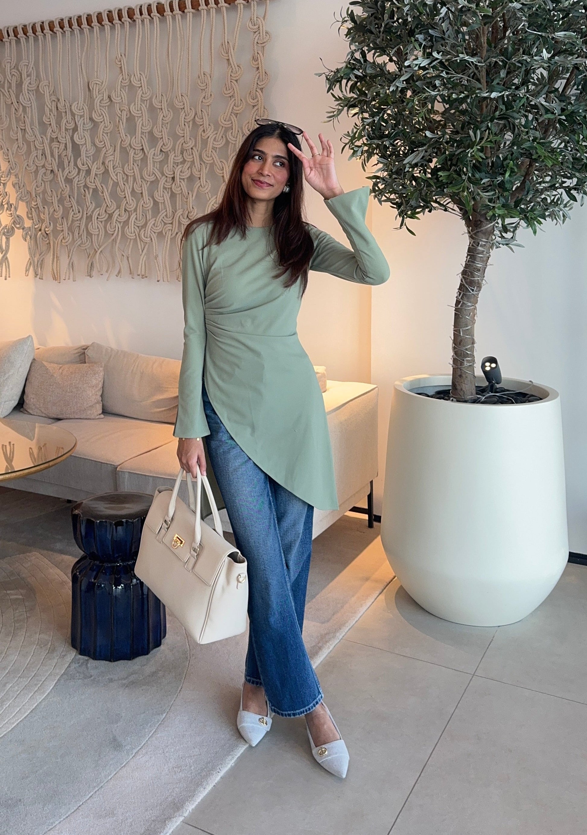 HUM12 - Sage Green Longline Asymmetrical Hem Top (Front)