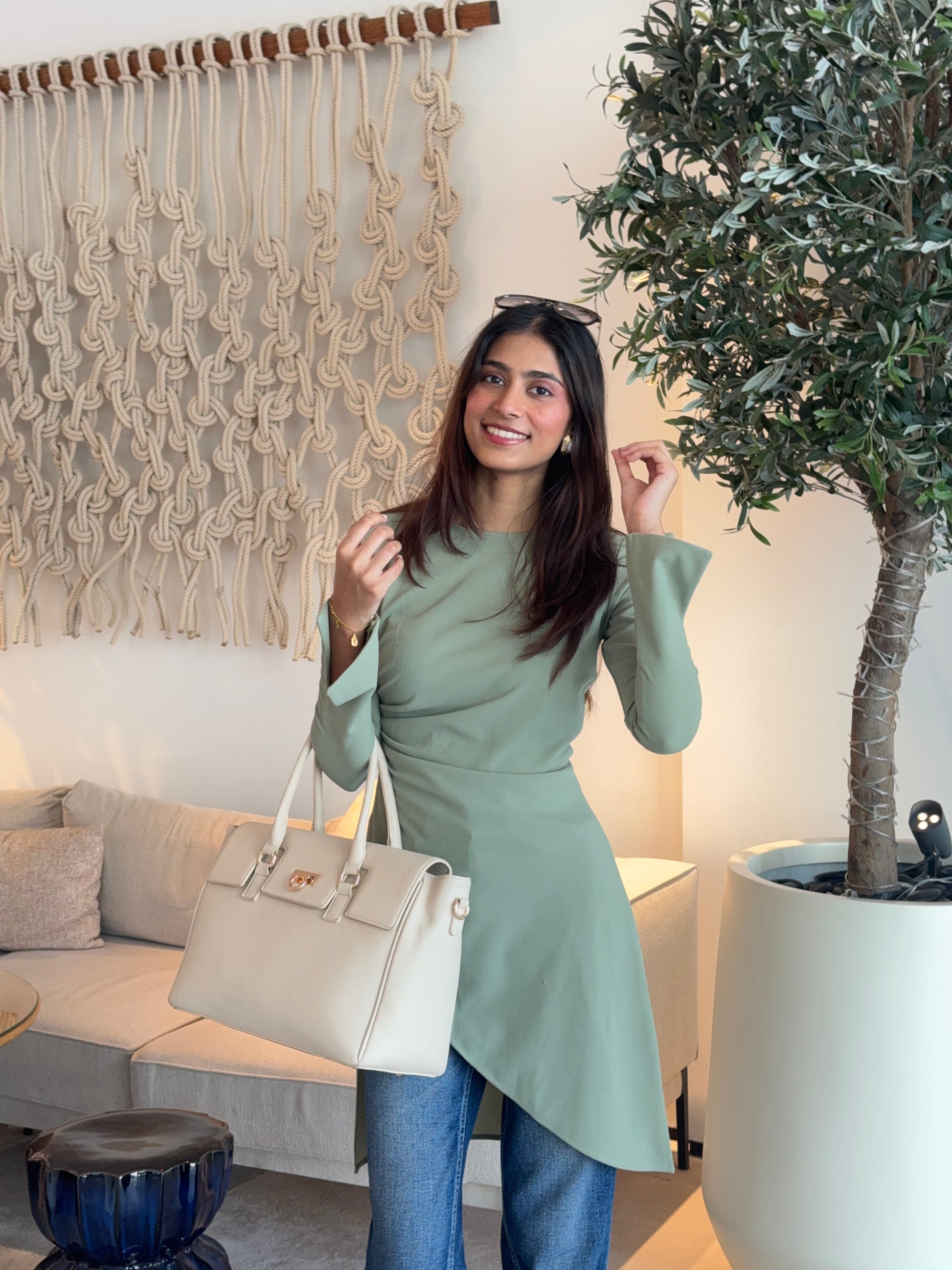 HUM12 - Sage Green Longline Asymmetrical Hem Top 