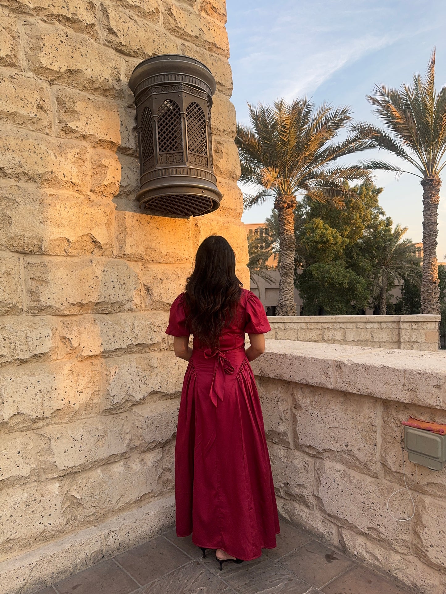 HUM14 - Red Maroon back tie up cinched dress (back)