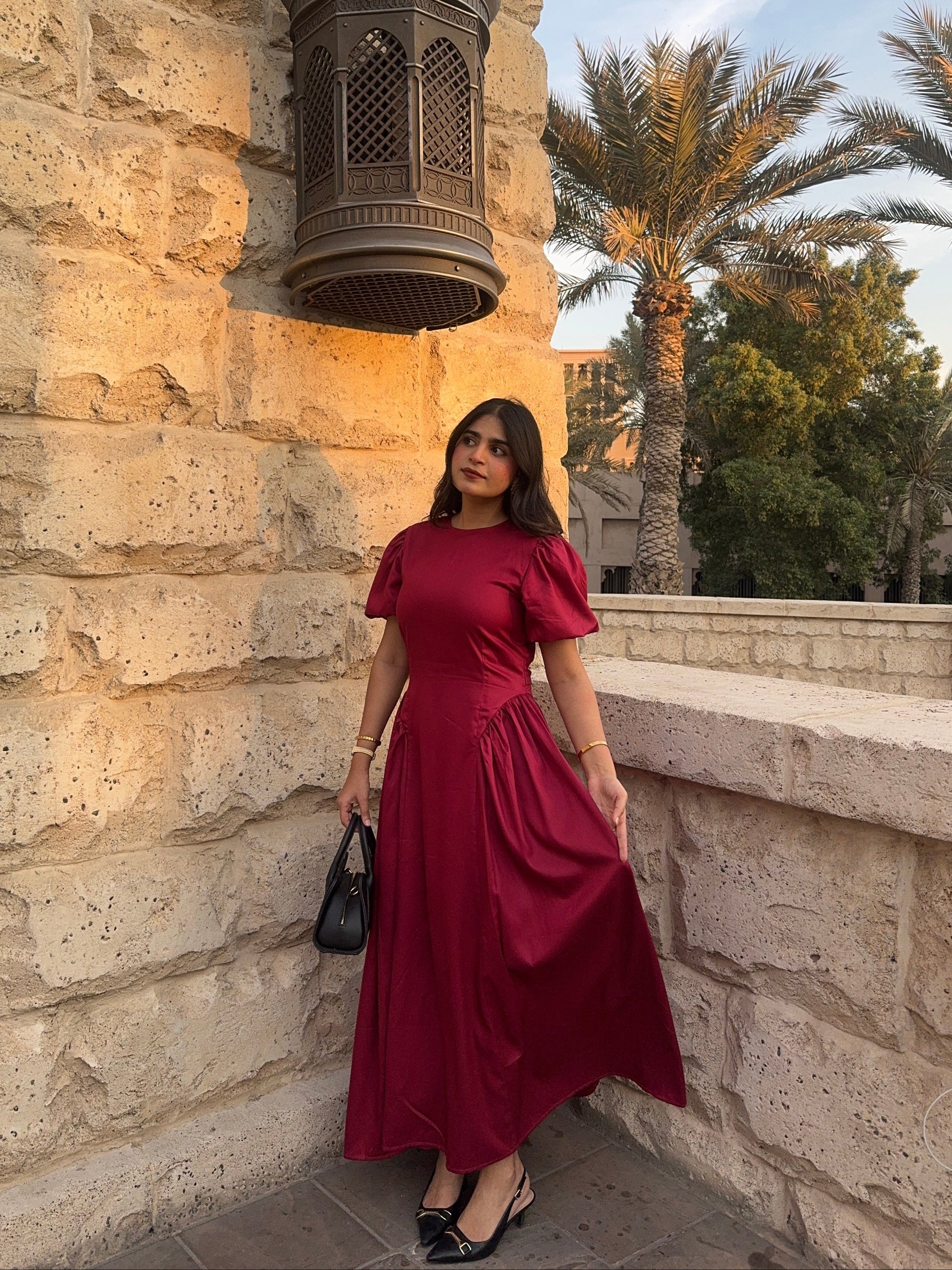 HUM14 - Red Maroon Waist cinched dress (front)