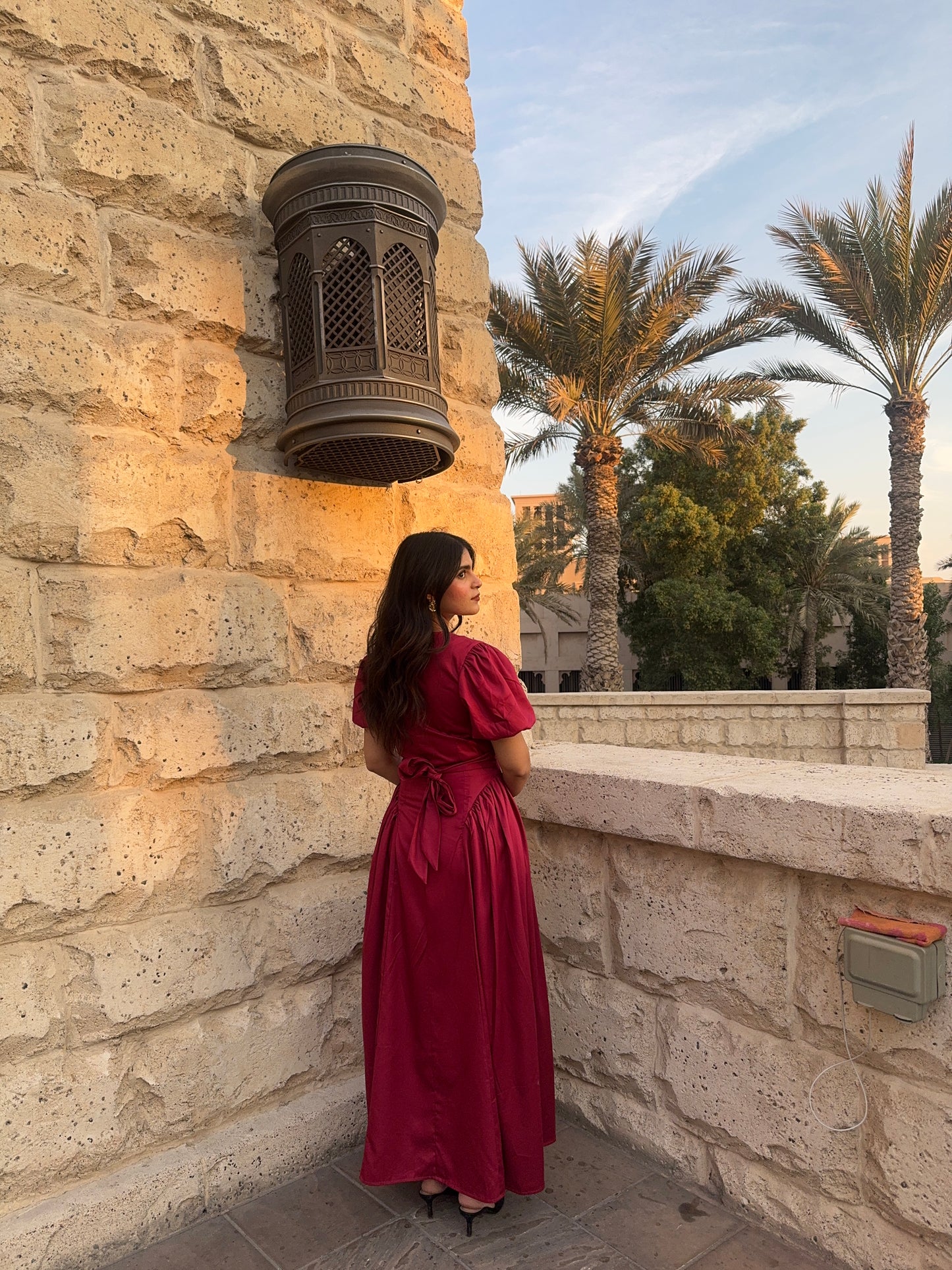 HUM14 - Red Maroon back tie up cinched dress (back)