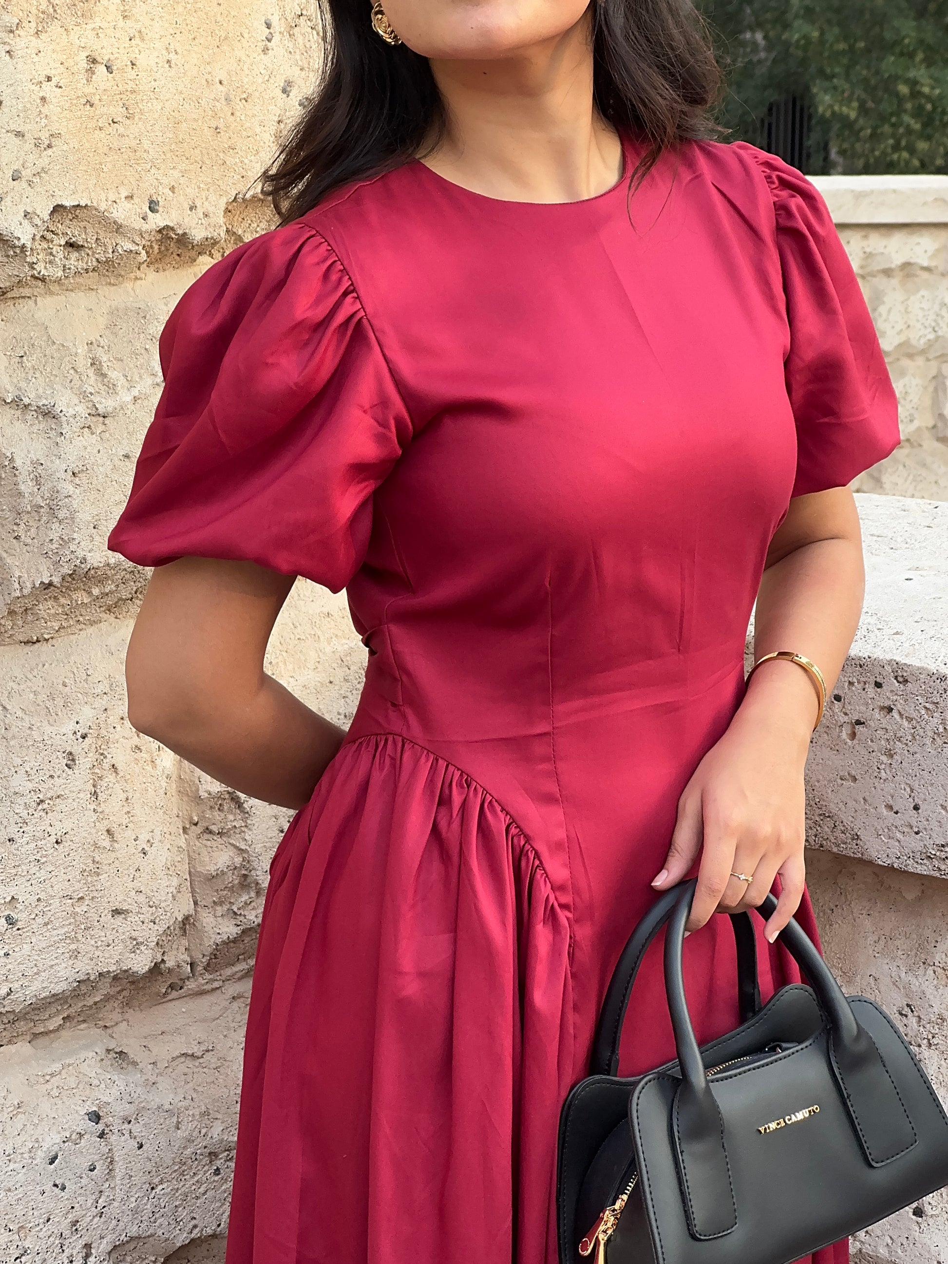 HUM14 - Red Maroon back tie up cinched dress (detail)