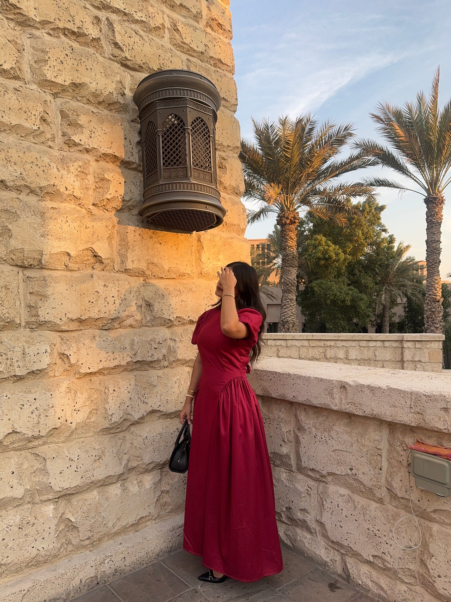 HUM14 - Red Maroon waist cinched dress (side)