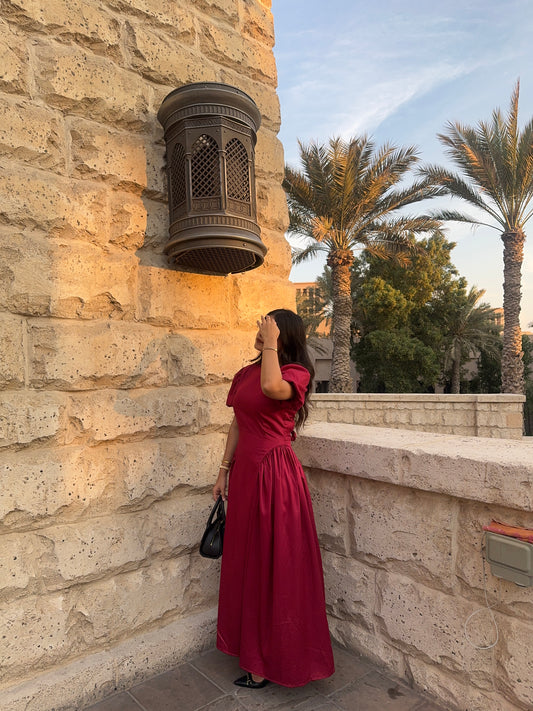 HUM14 - Red Maroon waist cinched dress (side)