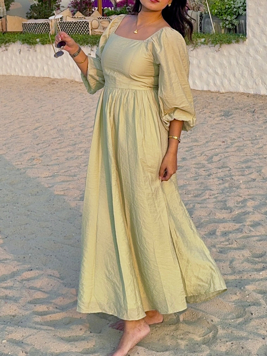 Green Puff Sleeve Fit & Flare Maxi Dress