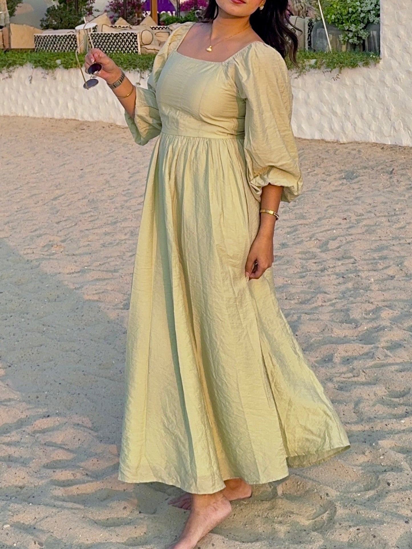 Green Puff Sleeve Fit & Flare Maxi Dress