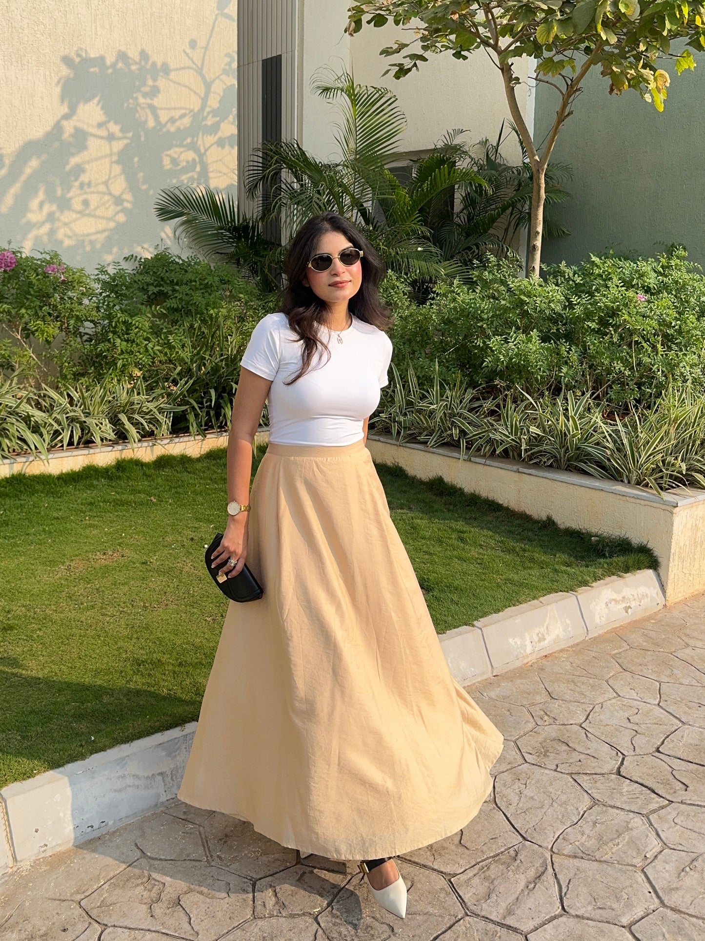Beige Crushed Linen Maxi Skirt