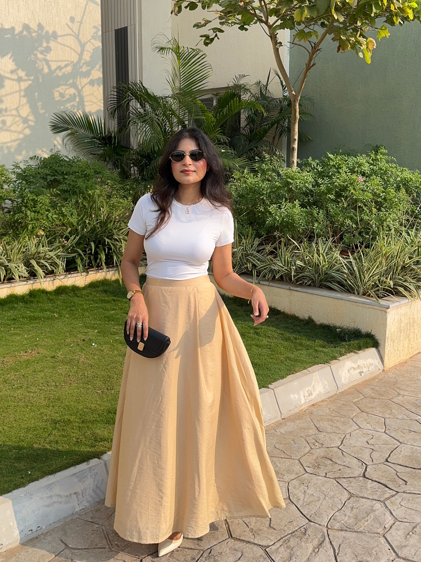 Beige Crushed Linen Maxi Skirt