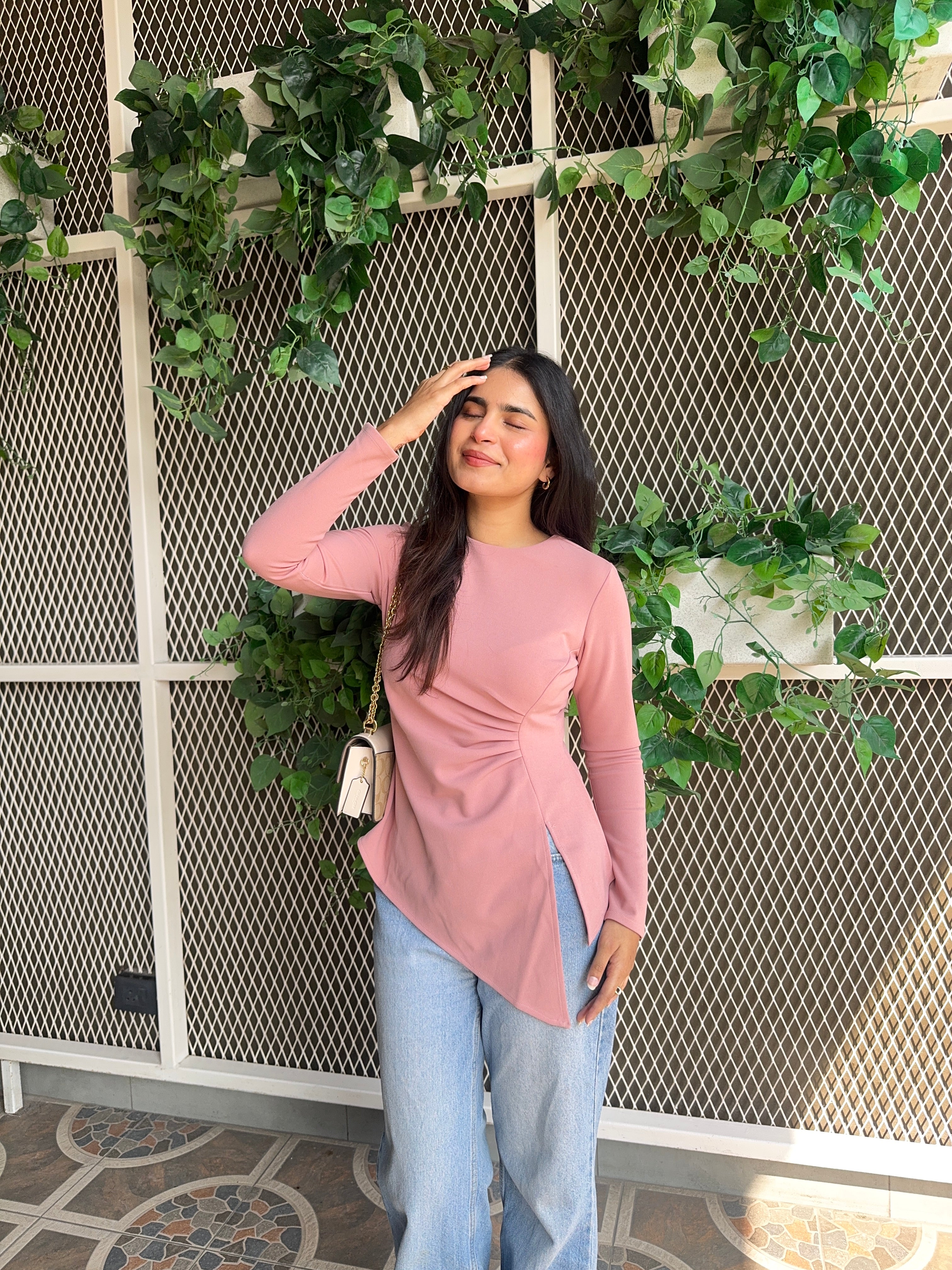 Pink Ruched Asymmetric Hem Short Top – Hum