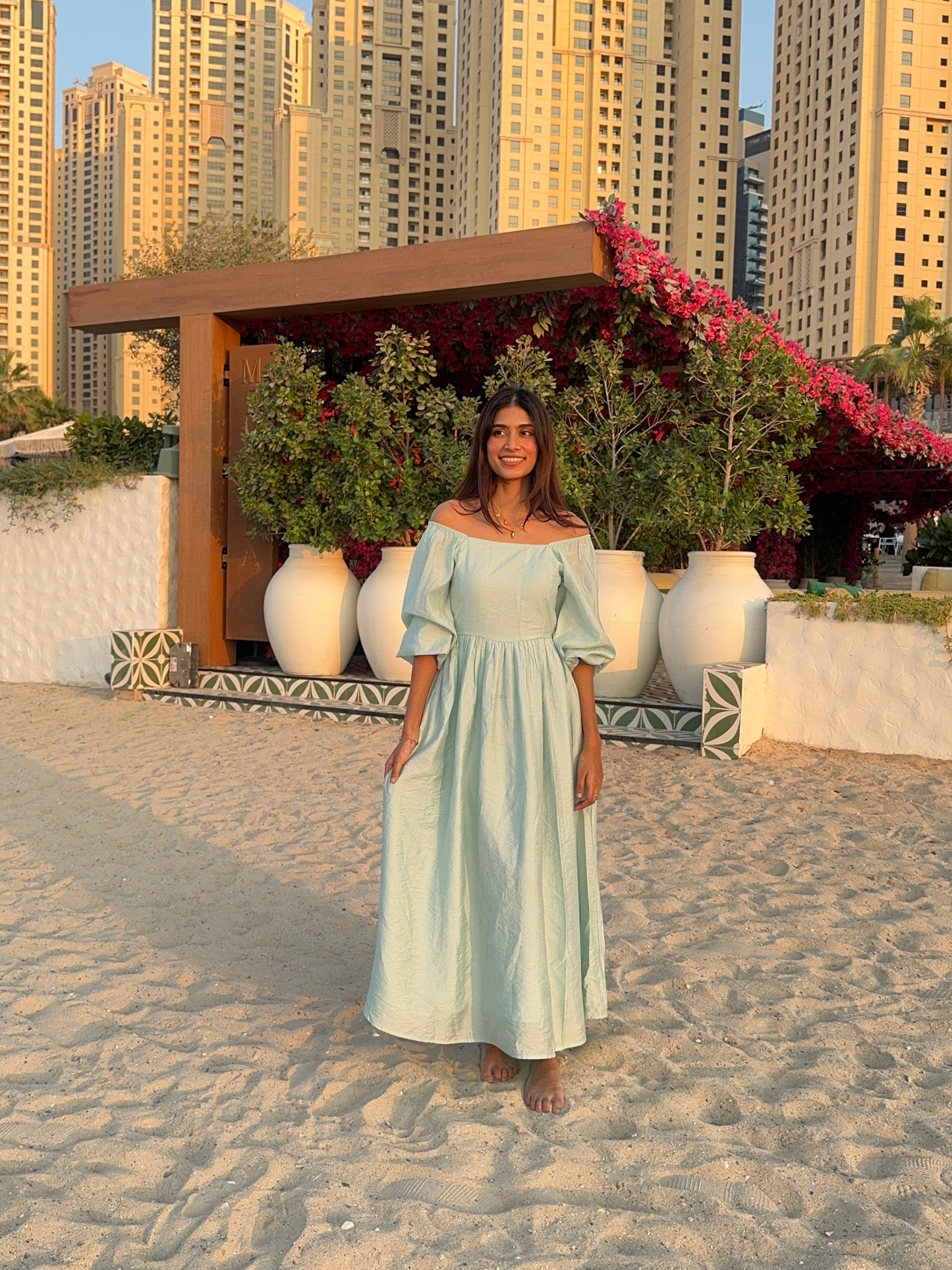 Sky Blue Puff Sleeve Fit & Flare Maxi Dress 1
