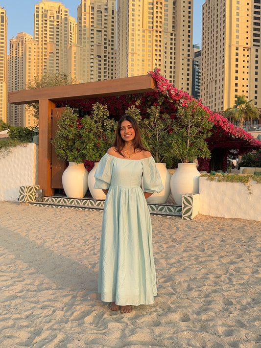 Sky Blue Puff Sleeve Fit & Flare Maxi Dress 2